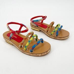 Chanel S/S 2017 Multicolor Rope Cork CC Gold Heel Ankle Strap Sandals EU 37